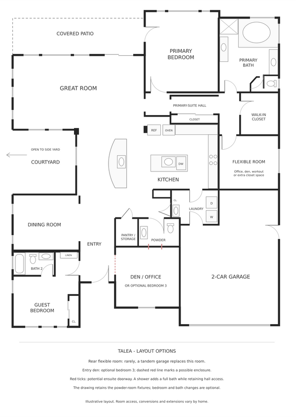Talea floor plan at Trilogy La Quinta with rear flexible room and optional third-bedroom and bathroom conversion annotations.
