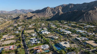 Aerial overview of the Thunderbird hillside neighborhoods and mountain setting in Rancho Mirage, by Mark Miller, October 13, 2026