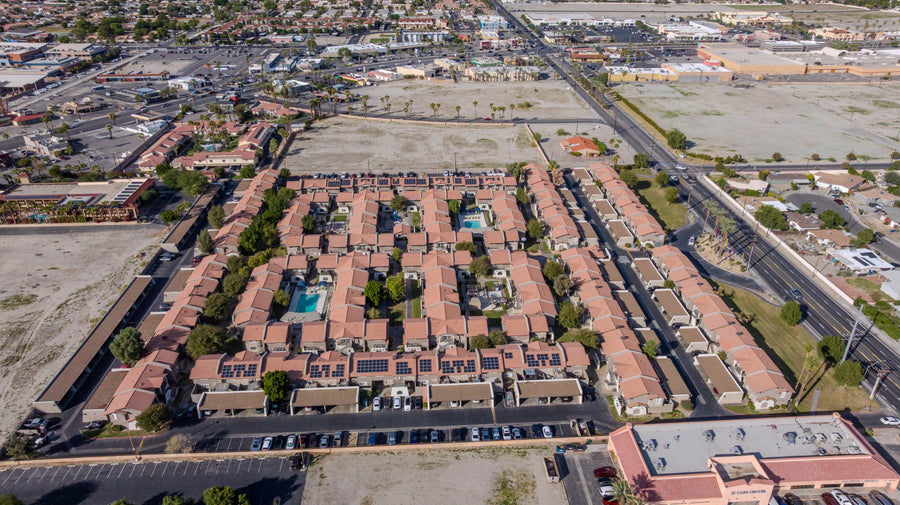 Aerial overview of Watercrest at the Polo Fields and Monroe Street in Indio